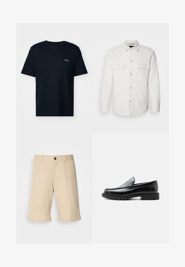 Witte shirtjas van zacht materiaal, met twee voorzakken, een knoopsluiting met lichte knopen en een klassieke kraag.; Donkerblauwe katoenen T-shirt met een geribbelde textuur, korte mouwen en een klein wit "BOSS" logo op de linkerkant van de borst. Eenvoudig ontwerp met ronde hals.; Beige shorts gemaakt van lichte stof, met een platte voorkant, een standaard tailleband met knoopsluiting en een rechte zoom.; Zwarte leren loafer met dikke rubberen zool, gestikte bovenkant en gegraveerde merknaam op de hiel, zijaanzicht op witte achtergrond.