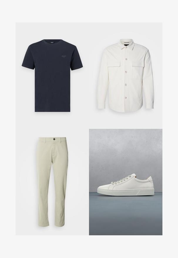 Chaqueta blanca de camisa hecha de una tela suave, con dos bolsillos frontales, un cierre de botón con botones de color claro y un cuello clásico.; Camiseta de algodón navy con cuello redondo, mangas cortas y un pequeño logo de marca en gris en el lado izquierdo del pecho. Textura suave.; Chinos de algodón beige con corte recto, cierre de cremallera y un solo botón. Presentan trabillas para cinturón y una textura suave.; Zapatilla blanca de cuero con punta redondeada, diseño minimalista, cordones grises y suela de goma texturizada gris. Detalles de costura sutiles visibles.