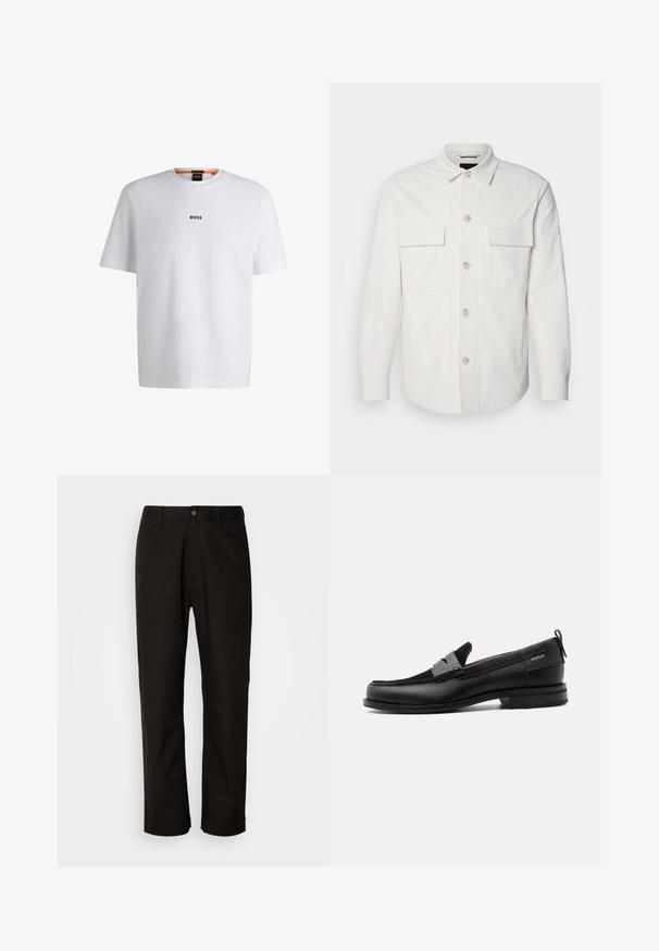 Chaqueta blanca de camisa hecha de una tela suave, con dos bolsillos frontales, un cierre de botón con botones de color claro y un cuello clásico.; Camiseta de algodón blanca de manga corta, con un logotipo negro "BOSS" centrado en el pecho y un diseño de cuello redondo.; Pantalones de algodón negros con corte recto, presillas para el cinturón, cremallera frontal y un solo botón de cierre. Textura suave sin patrones visibles.; Mocasín de cuero negro con detalle de tira gris, tacón bajo y suela texturizada, con la marca "HUGO" en oro en el lateral.
