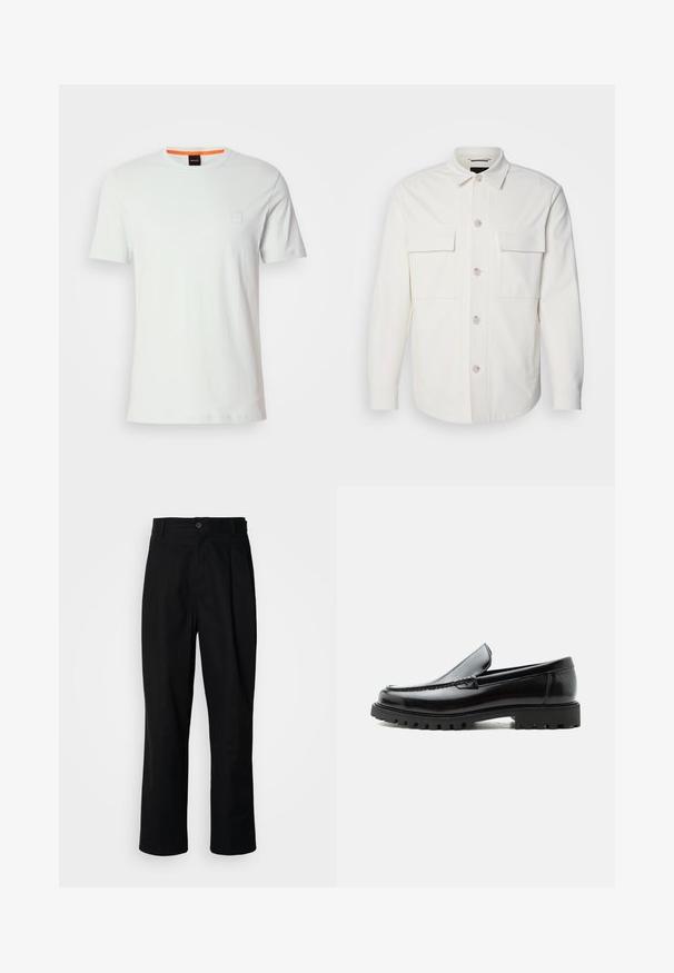 Veste blanche en tissu doux, dotée de deux poches avant, d'une fermeture à boutons avec des boutons de couleur claire et d'un col classique.; T-shirt en coton blanc à manches courtes, col côtelé, patch logo sur la poitrine gauche en bleu clair, avec un accent orange à l'intérieur du col.; Pantalons noirs à jambes droites avec une taille à bouton, passants de ceinture et pli avant, présentés sur un fond blanc uni.; Mocassin en cuir noir avec semelle en caoutchouc épaisse, dessus cousu et nom de marque embossé sur le talon, présenté de profil sur fond blanc.