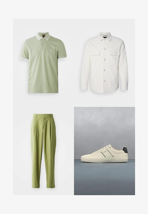 Veste blanche en tissu doux, dotée de deux poches avant, d'une fermeture à boutons avec des boutons de couleur claire et d'un col classique.; Polo shirt vert clair en coton, avec un col classique, une patte de boutonnage à deux boutons et des finitions blanches au col et aux manches. Logo carré sur la poitrine.; Pantalons vert clair en tissu texturé, présentant une coupe droite, des plis à l'avant et une taille standard.; Baskets de couleur crème avec une texture lisse, dotées d'accents et de marquage noirs. Design classique à lacets avec un bout rond et une semelle en caoutchouc.