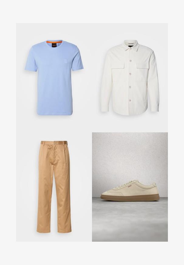 Witte shirtjas van zacht materiaal, met twee voorzakken, een knoopsluiting met lichte knopen en een klassieke kraag.; Lichtblauw katoenen T-shirt met korte mouwen, ronde halslijn en een klein reliëflogo op de borst. Contrasterende oranje binnenkraag.; Khaki broek, katoenmix, recht model, voorplooien, riemlussen en knoopsluiting. Gladde textuur zonder patronen.; Lichtbeige suède sneaker met een zool van gumrubber, opvallende veters en subtiele stikdetails. Strak ontwerp met een minimalistische uitstraling.