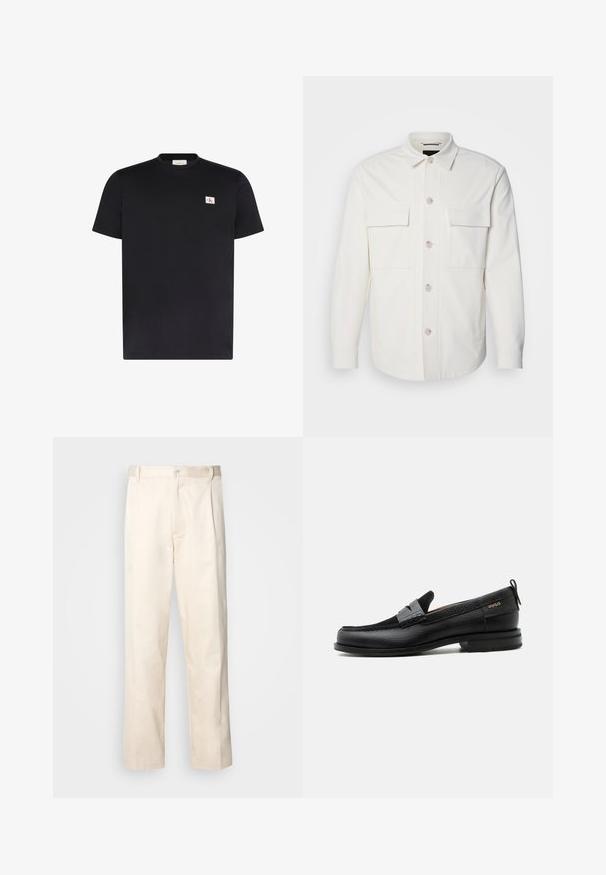 Weißes Hemd-Jackett aus weichem Stoff, mit zwei Fronttaschen, einer Knopfverschluss mit hellen Knöpfen und einem klassischen Kragen.; Schwarzes T-Shirt mit kurzen Ärmeln und Rundhalsausschnitt mit kleinem weißen rechteckigem Logo-Patch mit roten und schwarzen CK-Buchstaben auf der linken Brust.; Beige Baumwollhose mit geradem Bein, ausgestattet mit einem Knopfverschluss und Falten an der Vorderseite für zusätzliche Details.; Schwarzer Lederloafer mit grauem Riemendetail, niedrigem Absatz und strukturierter Sohle, seitlich mit „HUGO“ in Gold gebrandmarkt.