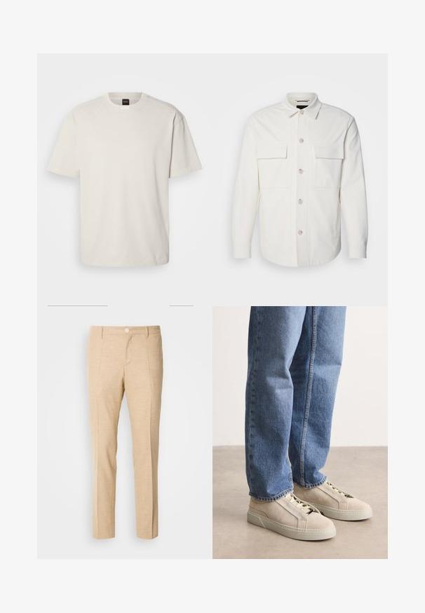 Witte shirtjas van zacht materiaal, met twee voorzakken, een knoopsluiting met lichte knopen en een klassieke kraag.; Korte mouwen, ronde hals t-shirt in off-wit katoen, met een rechte snit en minimale merkvermelding op de hals. Zachte textuur, geen patronen.; Beige op maat gemaakte broeken van textuurstof, met een rechte pijpenontwerp, een dubbele plooi aan de voorkant en een enkele knoopsluiting in de taille.; BOSS GARYTENN_SDHDEL - Sneakers laag - natural ten
