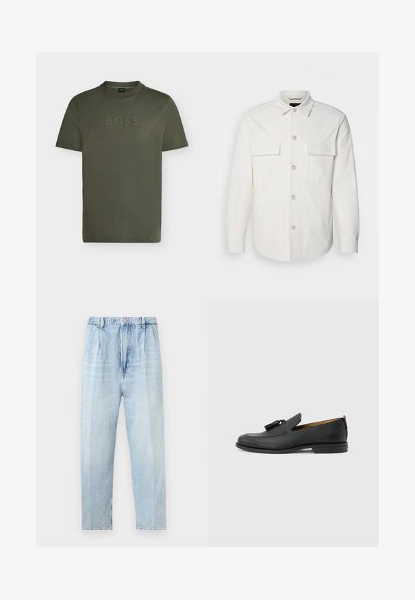 Veste blanche en tissu doux, dotée de deux poches avant, d'une fermeture à boutons avec des boutons de couleur claire et d'un col classique.; T-shirt homme vert olive à col rond, manches courtes et logo surélevé "BOSS" sur la poitrine.; Jean droit taille haute bleu clair avec plis à l'avant, passants de ceinture, fermeture par bouton, et détails de plis verticaux délavés.; Mocassin pour homme en cuir noir avec pompons, bout arrondi, petit talon et languette à l'arrière, présenté de profil sur un fond gris clair.