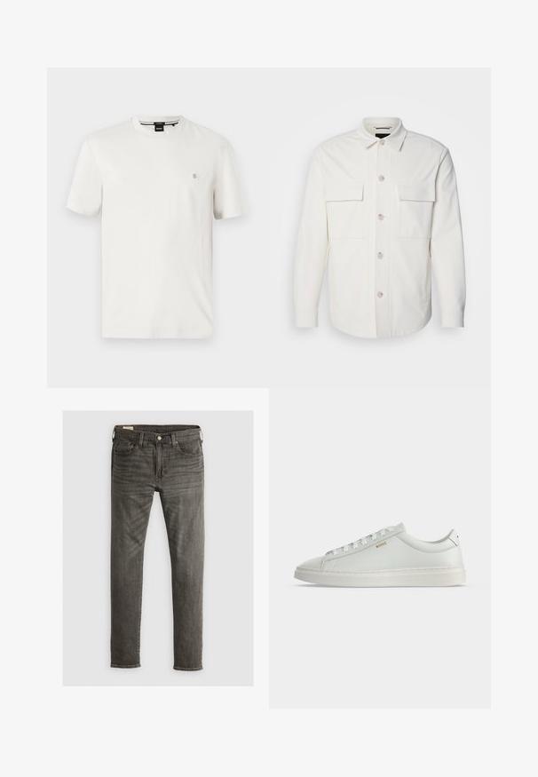 Veste blanche en tissu doux, dotée de deux poches avant, d'une fermeture à boutons avec des boutons de couleur claire et d'un col classique.; T-shirt en coton blanc avec un col rond, des manches courtes et une petite étiquette logo sur la poitrine gauche. Texture lisse, coupe régulière.; Jeans en denim gris foncé avec une jambe droite, cinq poches, passants de ceinture et fermeture éclair, présentant un léger décoloration et des détails de couture minimaux.; Baskets basses blanches en cuir avec lacets, semelle plate et petit logo doré "BOSS" sur le côté, vues de l'extérieur.