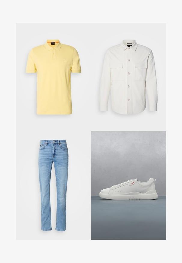 Weißes Hemd-Jackett aus weichem Stoff, mit zwei Fronttaschen, einer Knopfverschluss mit hellen Knöpfen und einem klassischen Kragen.; Gelbes Poloshirt aus Baumwollmischung, mit einer dreiknopfigen Blende und einem kleinen Logo-Patch auf der linken Brust. Kurze Ärmel.; Hellblaue Jeans aus Denim mit geradem Bein, Fünf-Taschen-Design, Knopfverschluss und dezenten verblassten Details an Oberschenkeln und Knien.; Weiße Sneaker aus glattem Leder, runde Spitze, vier Ösen, dezente Perforationen und ein rotes Logodetail an der Seite.