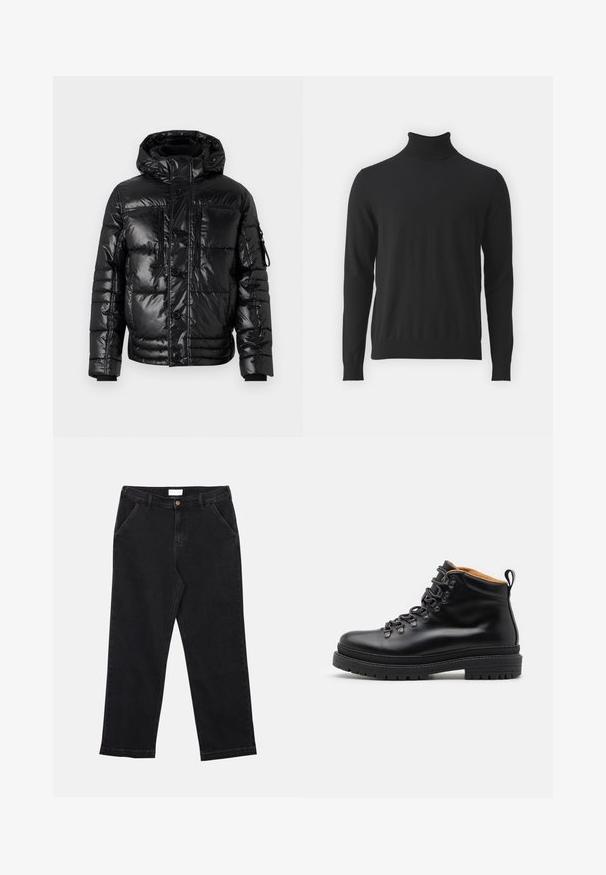 TOM TAILOR PUFFER JACKET - Vinterjakker - shiny black; Sort turtleneck sweater lavet af blødt stof, med lange ærmer og ribbet krave, en glat tekstur og tætsiddende design.; Sorte denimbukser med lige skæring, der har knaplukning, fire lommer og en tekstureret stof. Simpelt og alsidigt design.; Zign by Zalando LEATHER - Snørestøvletter - black