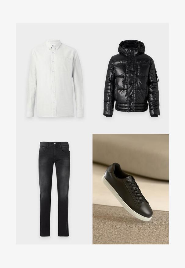 TOM TAILOR PUFFER JACKET - Zimná bunda - shiny black; Svetlý, dlhý rukáv, košeľa s vertikálnymi pruhmi, s knoflíkovým golierom a náprsného vrecka. Tkanina sa javí ako textúrovaná s jemným povrchom.; Čierne úzke jeansy s piatimi vreckami a zapínaním na gombík, so slabým blednutím na stehnách a kolenách.; Čierne kožené tenisky s bielou gumovou podrážkou a čiernymi šnúrkami, umiestnené na béžovom textilnom povrchu a pozadí.