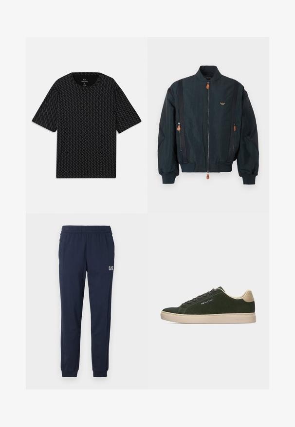 Chaqueta bomber oscura con una tela suave y ligeramente texturizada. Presenta cremalleras, detalles de cuero y un logotipo prominente en el pecho.; Camiseta negra con un patrón texturizado de logos 'A' alternados, mangas cortas y escote redondo. Fabricada con tejido ligero.; Pantalones de chándal azul marino con cinturilla y puños elásticos. Presentan un pequeño logo blanco en la pierna izquierda. Fabricados con un material suave y elástico.; Zapatilla baja de color verde oscuro con suela y lengüeta trasera beige, cordones negros y logotipo "PS Paul Smith" en el lateral.