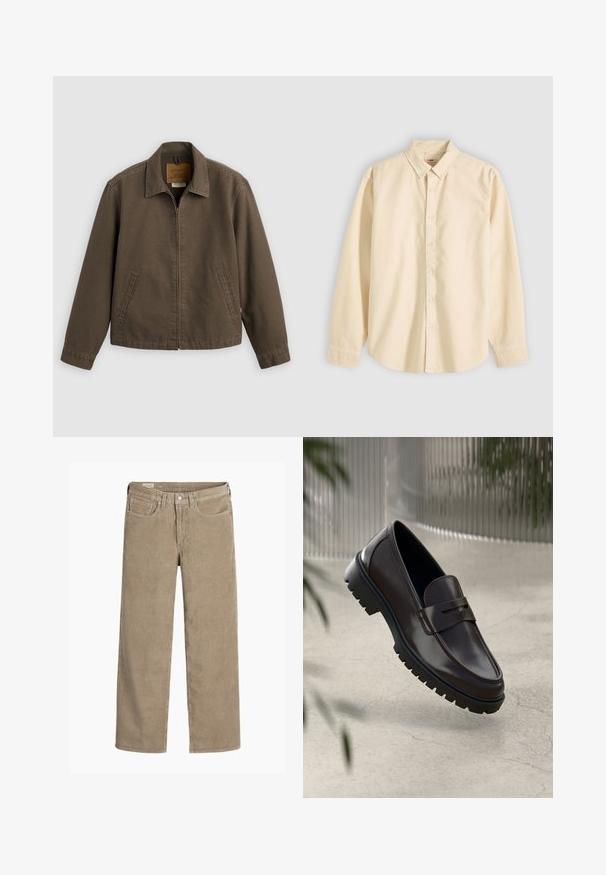 Veste marron zippée devant avec col et deux poches latérales, présentée à plat sur un fond clair.; Chemise beige à manches longues avec col et boutons, présentée à plat avec les boutons fermés et les poignets boutonnés sur un fond clair.; Pantalon en velours côtelé de couleur brun clair, au design ample, doté d'une fermeture à bouton et à zip, de cinq poches et d'une texture douce et côtelée.; Mocassins en cuir marron avec une semelle en caoutchouc texturée et striée. Présente un design épuré et une sangle décorative sur le cou-de-pied.