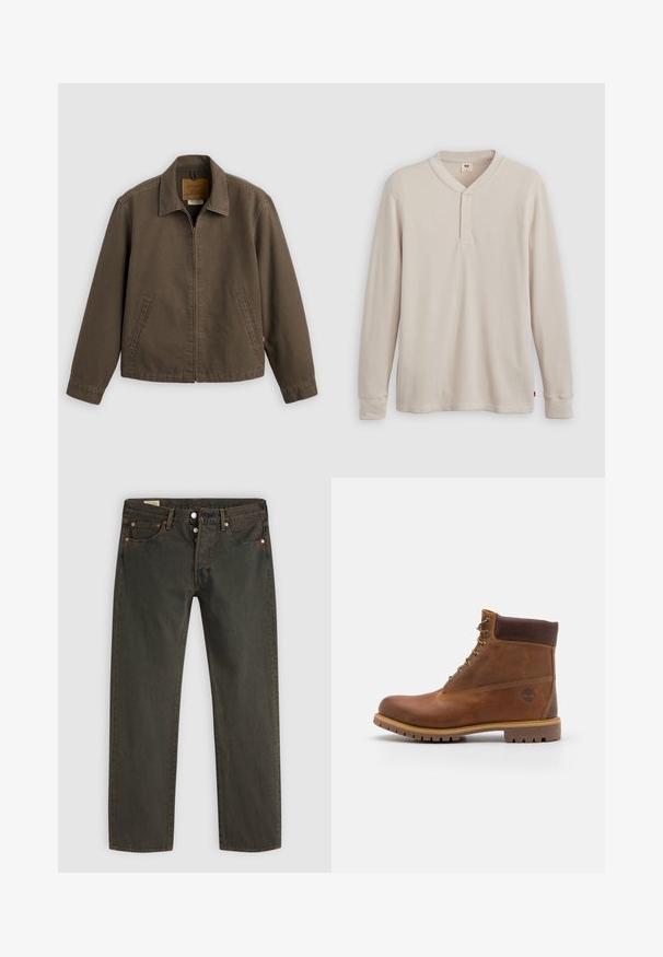 Veste marron zippée devant avec col et deux poches latérales, présentée à plat sur un fond clair.; T-shirt henley à manches longues en tissu côtelé beige clair, avec un col en V, une patte de boutonnage à trois boutons et des manches à poignets. Étiquette logo rouge à l'ourlet.; Jean en denim vert foncé, avec une coupe droite, cinq poches, des éléments en métal cuivre et un léger délavage.; Botte de randonnée en cuir marron avec une finition lisse, cheville rembourrée, œillets en métal et semelle en caoutchouc dotée d'un motif de crampons robuste.