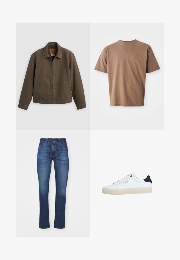 Braune Jacke mit Reißverschluss vorne, Kragen und zwei Seitentaschen, flach auf hellem Hintergrund dargestellt.; Braunes Baumwoll-T-Shirt mit Rundhalsausschnitt, kurzen Ärmeln und einem dezenten gestickten Logo auf der linken Brustseite. Glatte Textur, lockerer Schnitt.; Dunkelblaue Denim-Jeans im Slim-Fit-Schnitt mit klassischem Fünf-Taschen-Design, Reißverschluss und Knopfverschluss sowie subtiler Ausbleichung.; Weißer Sneaker in niedriger Schnittform mit beiger Sohle, weißen Schnürsenkeln, schwarzem Fersenlasche und dem "Pepe Jeans London"-Logo an der Seite.