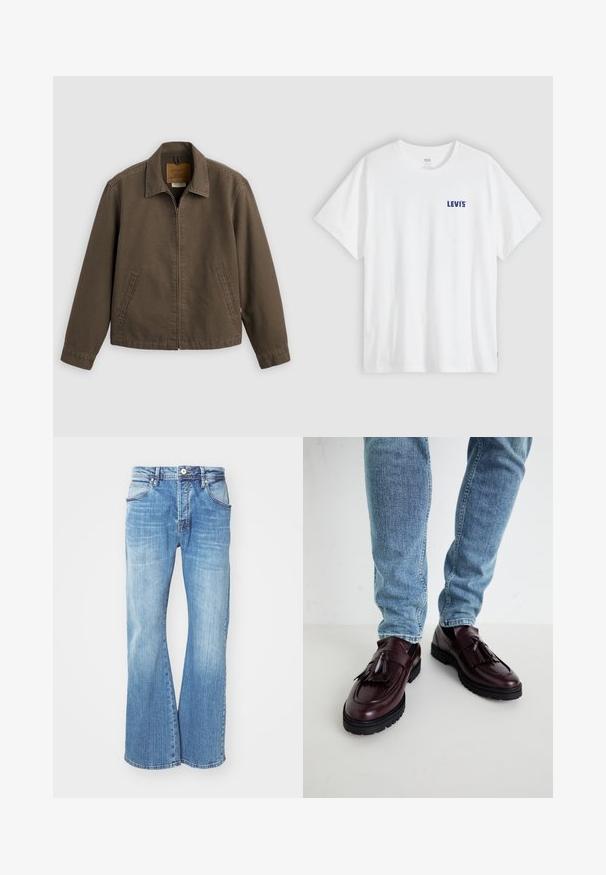 Brun lynlåsjakke med krave og to sidelommer, vist fladt på en lys baggrund.; Hvid bomuld T-shirt med en blå "LEVI'S"-logo på øverste venstre bryst. Casual, kortærmet design med rund halsudskæring.; Lyseblå denimjeans med en flare-design, der har en klassisk fem-lomme stil, lynlås foran og kontraststing langs sømmene.; Bordeaux læder loafers med kvaster og en tekstureret overdel, parret med lyseblå denimjeans. Sort gummisål synlig.