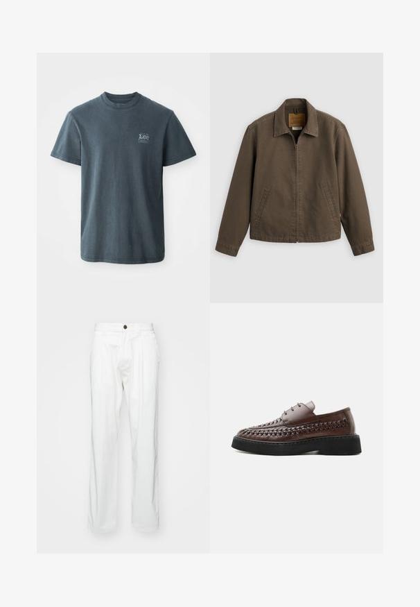 Braune Jacke mit Reißverschluss vorne, Kragen und zwei Seitentaschen, flach auf hellem Hintergrund dargestellt.; Dunkelgraues Baumwoll-T-Shirt mit Rundhalsausschnitt, kurzen Ärmeln und einem kleinen aufgedruckten Logo auf der linken Seite. Klassische Passform mit geradem Saum.; Weiße Baumwollhosen mit lockerer Passform, ausgestattet mit einem Knopfverschluss, zwei vorderen Falten und Seitentaschen. Glatte Textur, ohne Muster.; Brauner Lederschnürschuh mit gewebten Details an den Seiten und dicker schwarzer Plateausohle, im Profil vor weißem Hintergrund gezeigt.