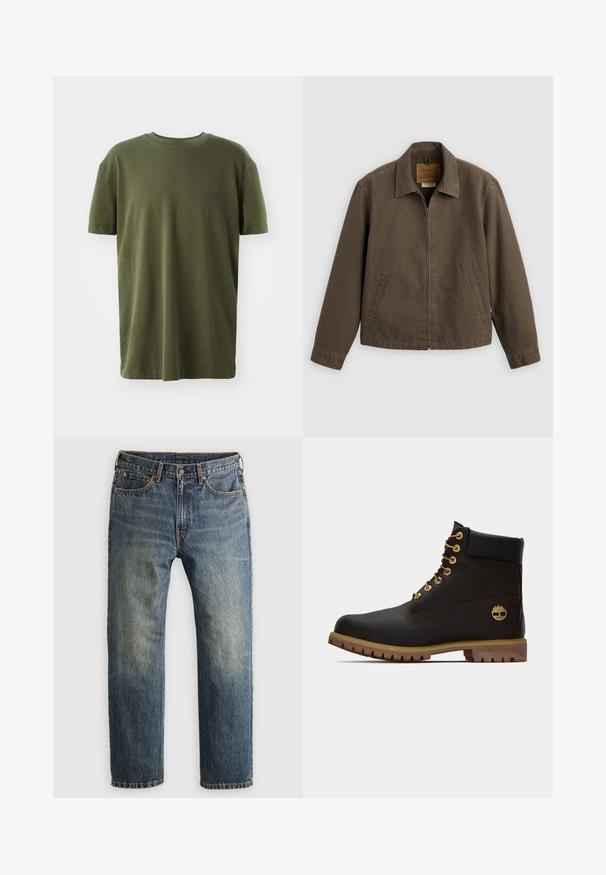Veste marron zippée devant avec col et deux poches latérales, présentée à plat sur un fond clair.; T-shirt vert olive en coton, à manches courtes, col rond, avec un petit logo imprimé en bleu foncé sur la poitrine gauche.; Jeans en denim bleu délavé à jambes droites avec poches avant, passants de ceinture, bouton et fermeture à glissière sur un fond clair.; Bottine noire en cuir avec œillets dorés, accents marron et semelle en caoutchouc. Comprend un col rembourré et un logo estampé sur le côté.