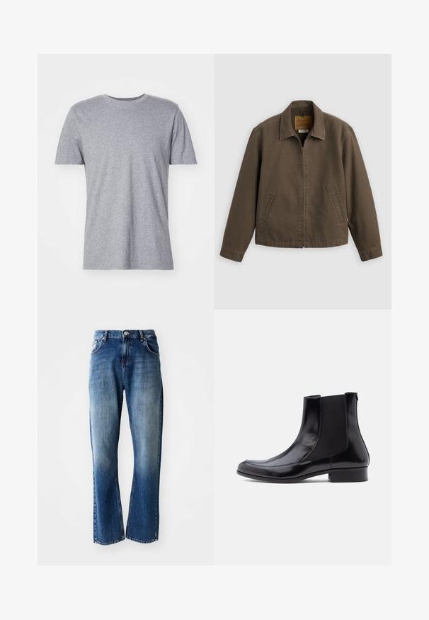 Braune Jacke mit Reißverschluss vorne, Kragen und zwei Seitentaschen, flach auf hellem Hintergrund dargestellt.; Graues, kurzärmliges T-Shirt aus einem Baumwollmischgewebe, das über einen klassischen Rundkragen verfügt und eine glatte, weiche Textur aufweist.; Denimjeans mit geradem Schnitt, hellblauer und dunkelblauer Waschung mit Verblassungen, fünf Taschen und einem Knopfverschluss.; Schwarze Leder-Stiefeletten mit elastischen Seiteneinsätzen, glatter Textur, abgerundeter Spitze und niedrigem Blockabsatz. Schlichtes, elegantes Design mit minimalen Nähten.
