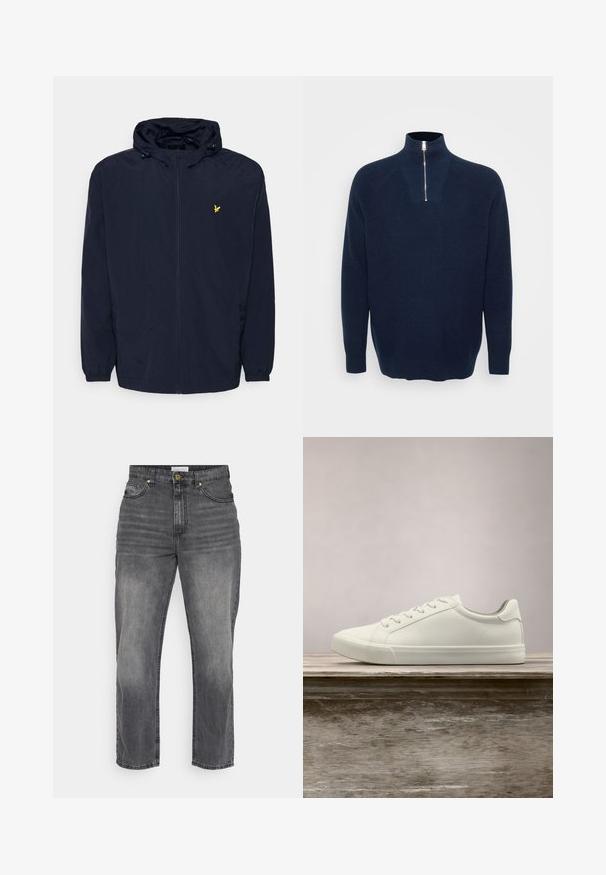Marineblaue Kapuzenjacke mit Frontreißverschluss, elastischen Bündchen, verstellbaren Kordeln für die Kapuze und kleinem gelbem besticktem Vogel-Logo auf der Brust.; Navy Zip-Kragen-Pullover aus geripptem Material. Krempelkragen und Raglanärmel. Lockerer Schnitt mit geradem Saum.; Graue Denim-Jeans mit gerader Passform, ausgestattet mit einem ausgewaschenen Finish, Fronttaschen und einem Knopfverschluss. Einfache Nähte und Saumdetails.; Weiße Schnürsneaker, die über einer Holzbank mit grünem Laub im Hintergrund schweben und das Schuhdesign sowie die Textur zeigen.