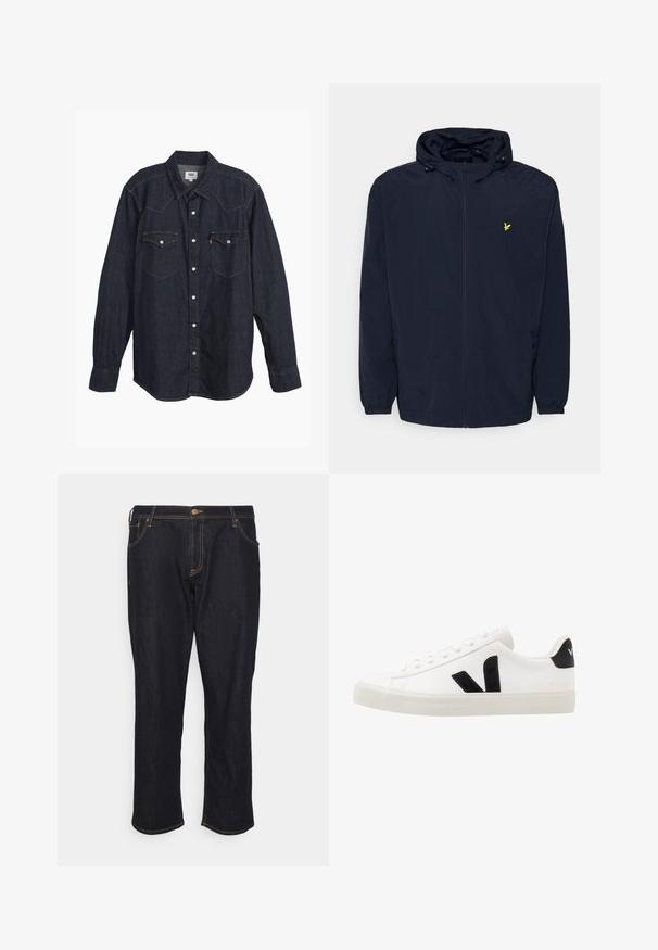 Marineblaue Kapuzenjacke mit Frontreißverschluss, elastischen Bündchen, verstellbaren Kordeln für die Kapuze und kleinem gelbem besticktem Vogel-Logo auf der Brust.; Dunkelblauses Denim-Hemd mit langen Ärmeln und spitzem Kragen, zwei Brusttaschen, weißen Knöpfen und kontrastierendem gelbem Stich. Glattes, robustes Material.; Jack & Jones JJICHRIS JJORIGINAL - Jeans Relaxed Fit - blue denim; Weiße Leder-Sneaker mit schwarzen Wildlederelementen; verfügen über eine Gummisohle, eine runde Spitze und ein klassisches Schnürdesign. Seitliches Logo in Schwarz.