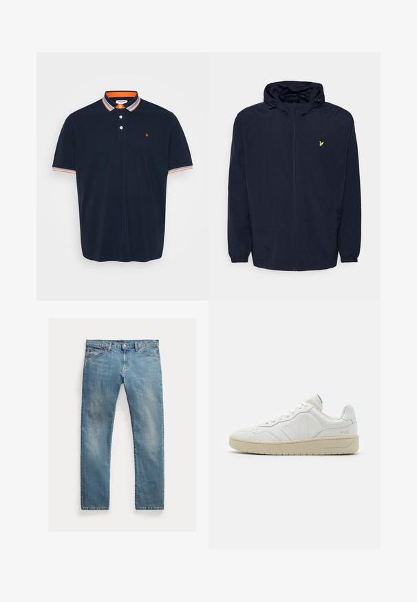 Mørkeblå hættejakke med frontlynlås, elastiske manchetter, justerbare hætteledninger og lille gul broderet fuglelogo på brystet.; Marineblå polo T-shirt i bomuld med krave, der har orange og grå striber, tre-knaps knaplukning og lille broderet logo på brystet.; Lyseblå denimjeans med lige snit, knaplynlås, fem lommer, diskret slid og syninger som detalje.; Hvide lædersneakers med struktureret overflade og polstret krave. Har en beige gummisål og diskret branding på hælen og siden.