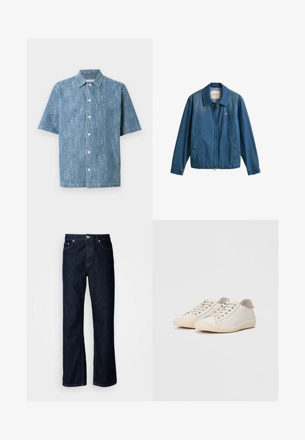 Blaue Denim-Jacke mit Reißverschluss, Kragen, zwei aufgesetzten Taschen und kleinem GANT-Logo auf der linken Brustseite.; Kurzärmeliges Hemd mit Knopfleiste aus blauem Denimstoff mit texturierter Oberfläche, ausgestattet mit einem klassischen Kragen und weißen Knöpfen.; Dunkelblaue Jeans aus Denim mit geradem Bein, ausgestattet mit einem Fünf-Taschen-Design, Knopfverschluss und orangen Stitching-Details.; Weiße Sneaker aus glattem Leder mit tonalem Nähten, Schnürverschluss, runder Zehenpartie und einer strukturierten Gummisohle.