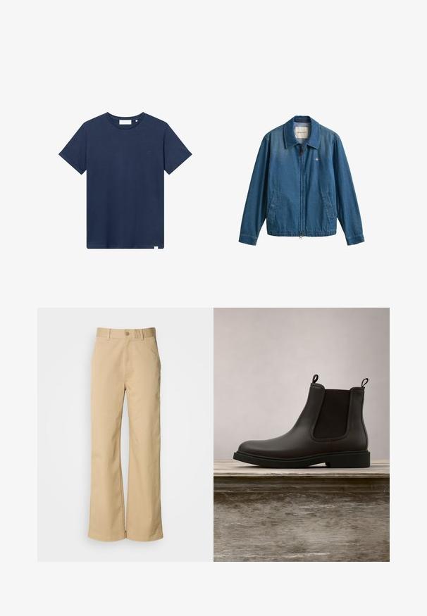 Blå denim lynlåstrøje med krave, to forlommer og lille GANT-logo på venstre bryst.; Mørkeblå bomulds-T-shirt med rund halsudskæring, korte ærmer og et lille broderet logo på venstre bryst. Glat tekstur.; Beige, vidde bukser lavet af en bomuldsblanding. Har en knaplukning og bæltestropper. Glat tekstur med minimale syninger.; Sort læder Chelsea-støvle med elastiske sidepaneler og stropper svævende over en træbænk udendørs med græs som baggrund.