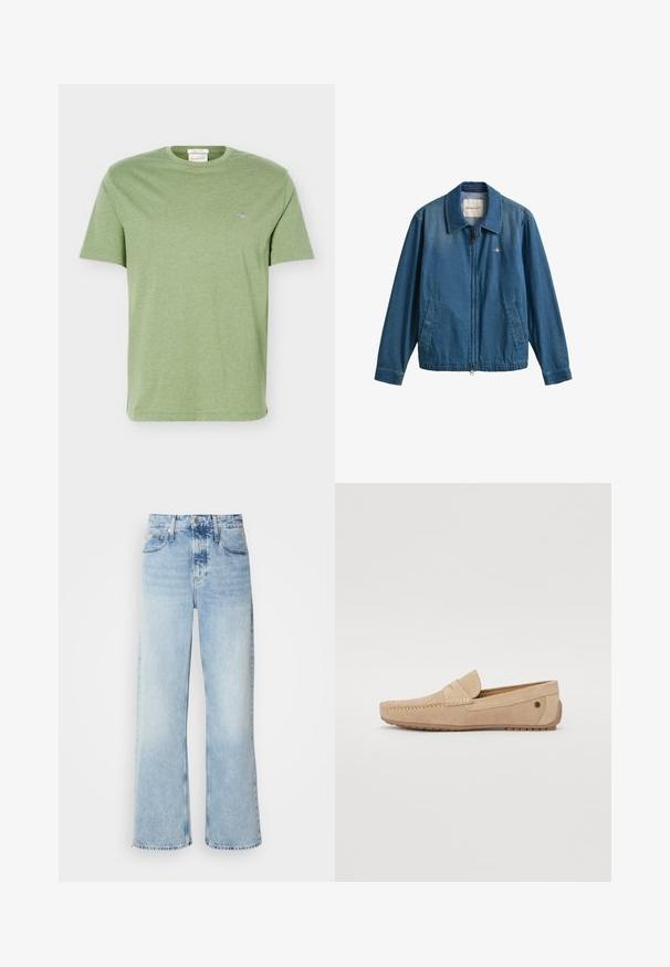 Veste en jean bleue zippée avec col, deux poches avant et petit logo GANT sur la poitrine gauche.; T-shirt en coton vert clair à manches courtes, col rond et petit logo brodé sur la poitrine gauche.; Jean large bleu clair à taille haute, avec une finition délavée, des passants de ceinture et un design classique à cinq poches. L'ourlet est brut.; Jack & Jones JFWJENSEN - Mocassins - moonbeam