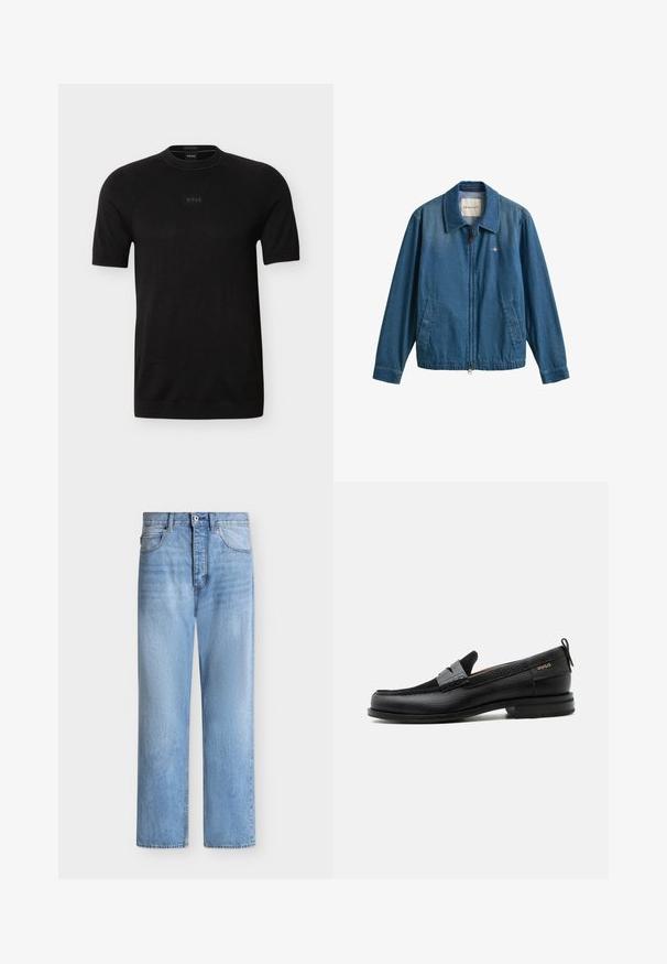 Μπλε denim μπουφάν με φερμουάρ και γιακά, δύο μπροστινές τσέπες και μικρό λογότυπο GANT στο αριστερό στήθος.; Μαύρο κοντομάνικο μπλουζάκι με στρογγυλή λαιμόκοψη και διακριτικό λογότυπο «BOSS» στο κέντρο του στήθους, κατασκευασμένο από λεπτό πλεκτό ύφασμα.; Φωτεινό μπλε τζιν με ίσια γραμμή, κλείσιμο με κουμπί και φερμουάρ, μπροστινές και πίσω τσέπες, και θηλιές για ζώνη στη μέση.; Μαύρος δερμάτινος λόφερ με γκρι λουράκι, χαμηλό τακούνι και υφασμένο πέλμα, με το λογότυπο "HUGO" σε χρυσό στο πλάι.
