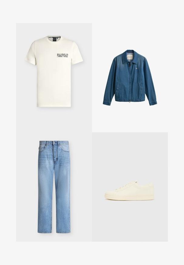 Μπλε denim μπουφάν με φερμουάρ και γιακά, δύο μπροστινές τσέπες και μικρό λογότυπο GANT στο αριστερό στήθος.; Λευκό μπλουζάκι με κοντά μανίκια και στρογγυλή λαιμόκοψη με μικρό λογότυπο κειμένου «Barbour» σε σχεδιασμένη γραμματοσειρά στο αριστερό μέρος του στήθους.; Φωτεινό μπλε τζιν με ίσια γραμμή, κλείσιμο με κουμπί και φερμουάρ, μπροστινές και πίσω τσέπες, και θηλιές για ζώνη στη μέση.; Αθλητικό παπούτσι εκρού με λείο δερμάτινο πάνω μέρος, στρογγυλεμένη μύτη, κορδόνια στο μπροστινό μέρος και υφασμένο λαστιχένιο πέλμα. Μινιμαλιστικός σχεδιασμός, χωρίς λογότυπα.