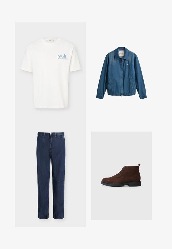 Μπλε denim μπουφάν με φερμουάρ και γιακά, δύο μπροστινές τσέπες και μικρό λογότυπο GANT στο αριστερό στήθος.; Λευκό κοντομάνικο μπλουζάκι με στρογγυλή λαιμόκοψη, με μικρό ανοιχτό μπλε κείμενο "SKÅL MARC O’POLO DENIM" στην άνω αριστερή πλευρά του στήθους.; Σκούρο μπλε τζιν παντελόνι με ίσια γραμμή, θηλιές για ζώνη, εμπρόσθιο κουμπί και φερμουάρ, εμφανίζεται σε απλό ανοιχτό φόντο.; Καφέ σουέτ μποτάκια έως τον αστράγαλο με στρογγυλή μύτη, σχέδιο με κορδόνια και μικρό τακούνι. Διαθέτουν βρόχο στην πίσω πλευρά για εύκολη εφαρμογή.
