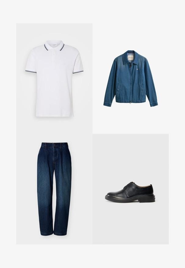 Blå denim lynlåstrøje med krave, to forlommer og lille GANT-logo på venstre bryst.; Hvid polo shirt lavet af bomuld med krave, tre-knaps lukning og marineblå og hvide striber på ærmerne.; Mørkeblå jeans med høj talje og lige ben, med knap- og lynlåslukning, bæltestropper og subtile syningsdetaljer på hvid baggrund.; Sorte læder oxford sko med rund tå, snørebånd foran og lav, stablet hæl på lys baggrund.
