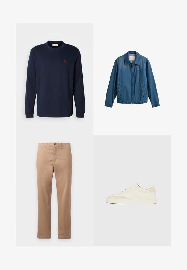 Blå denim lynlåstrøje med krave, to forlommer og lille GANT-logo på venstre bryst.; Mørkeblå langærmet crewneck-shirt med lille rød "cK" logo på venstre bryst og ribbede manchetter.; Beige chinos lavet af bomuld med en glat tekstur, med lynlås og knaplukning. Buksens lige ben design, uden synlige mønstre eller accenter.; Hvide ruskinds-sneakers med en glat finish, rund tå, fladt snøresystem og kontrasterende teksturerede detaljer. Indeholder et diskret logo.