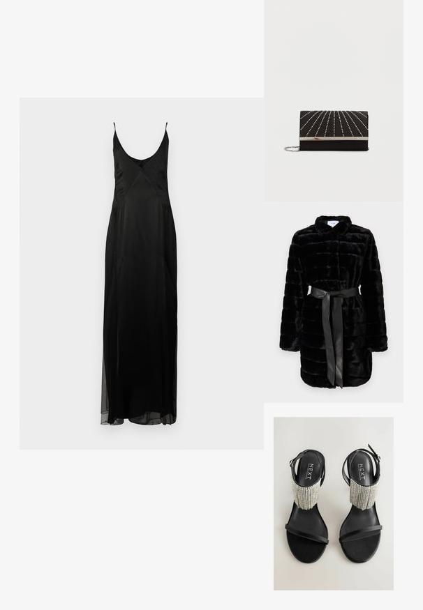 Zwarte nepbontjas met een kraag, horizontale strepen en een bijpassende zwarte leren riem in de taille voor extra detail.; Zwart satijnen slipdress met dunne banden, een diepe V-hals en een volle A-lijn silhouet. Heeft een stippenstructuur en een voorkant split.; Zwarte hoge hakken sandalen met een brede kraalband rond de enkel, voorzien van een gladde zool en een smalle teband. De kralen voegen textuur toe.; Zwarte clutchtas met een gladde textuur, voorzien van zilveren studs in lijnen die vanuit het midden stralen, met een metalen zilveren sluiting en kettinghengsel.