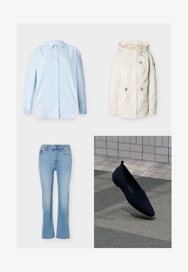 Witte gewatteerde jas met capuchon, ritssluiting aan de voorkant, twee zijzakken met trekkoorden en één borstzak met rits, afgebeeld tegen een effen achtergrond.; Blauw-wit gestreepte overhemd met lange mouwen, een button-down kraag en een rechte snit. Zachte stof met zichtbare knopen en details op de manchetten.; Lichtblauwe high-waist denim jeans met knoop- en ritssluiting, voorzakken en licht uitlopende pijpen.; Zwarte platte schoen met een puntige neus, gladde textuur en een minimalistisch ontwerp. Heeft een kleine hak en een lusje aan de achterkant.