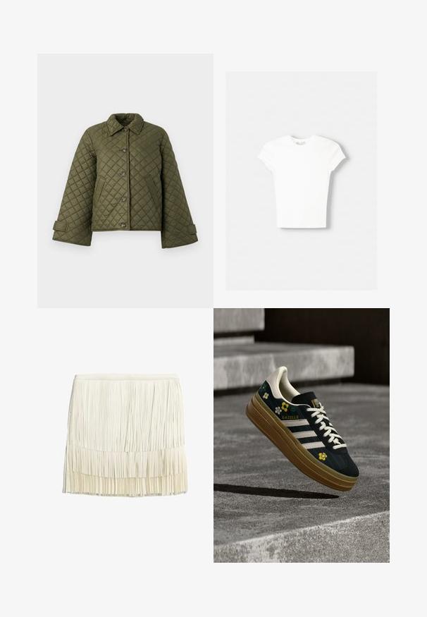 Quilted olivengrøn jakke med krave, store knapper og klokkeærmer. Har diagonale sting og sidelommer.; Hvid kortærmet t-shirt lavet af blød bomuld, med rund halsudskæring og en tætsiddende form. Ingen synlige mønstre eller udsmykninger.; Fritskørt i creme, fremstillet af lagdelte stofstrimler. Har et tætsiddende taljebånd og et struktureret, lagdelt design med lodrette frynser.; Sorte ruskindssneakers med hvide striber og broderede blomsterdetaljer, med en gummesål og et klassisk design, mærket "Gazelle" på siden.