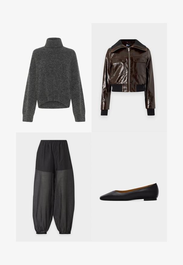 Mørkebrun, blank læderjakke med stor krave, lynlås foran, to brystlommer med klap og ribkantsmanchetter og -kant.; Mørkegrå, fuzzy turtleneck sweater med afslappet pasform og dropped shoulders. Blød tekstur og cropped kantdetalje. Ingen synlige lukninger.; Sorte bukser med vidde, elastisk talje og indsamlede elastiske manchetter, lavet af halvgennemsigtigt stof fra midt på låret til anklen.; Sort læder flad sko med spids tå, lav hæl og glat finish, vist fra siden på en lysegrå baggrund.