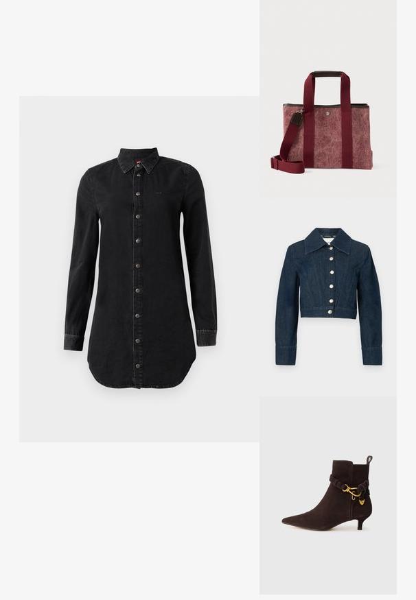 Mørkeblå cropped denimjakke med lange ærmer, bred krave og lodrette syninger foran, lukket med seks hvide knapper.; Sort denim skjortekjole med lange ærmer, knaplukning foran og spidse krave, let buet kant og syede manchetter.; Steve Madden ROLLER - Støvletter - brown; Rød stofindkøbstaske med en tekstureret finish, mørkebrune læderdetaljer, dobbelte håndtag og en aftagelig skulderrem. Lynlås lukning øverst.