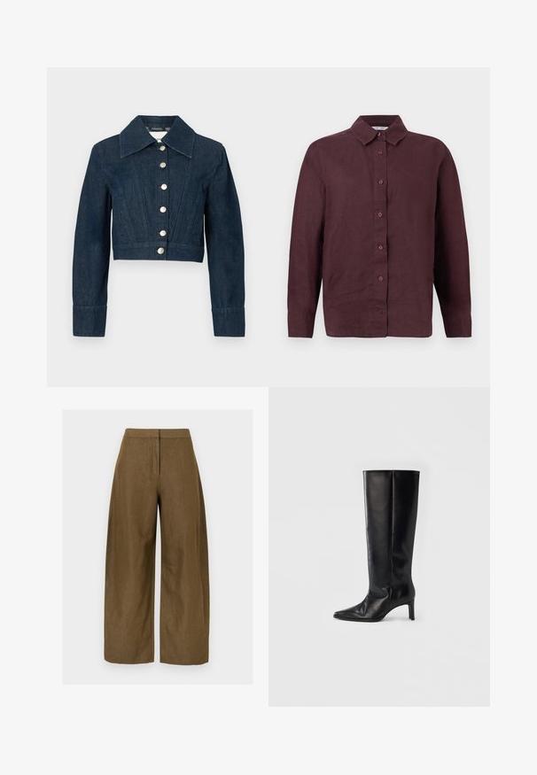Veste en denim bleu foncé, courte, à manches longues, col large et coutures verticales à l'avant, fermée par six boutons blancs.; Chemise à manches longues, boutonnée, de couleur bordeaux foncé avec un col pointu et des poignets boutonnés, présentée sur un fond blanc.; Pantalon large en lin marron avec une texture lisse, doté d'une taille ajustée et de deux poches latérales. Le design offre une silhouette ample.; Bottes noires montantes en cuir lisse, avec un bout pointu et un talon fin, une tige ajustée et un design minimaliste.