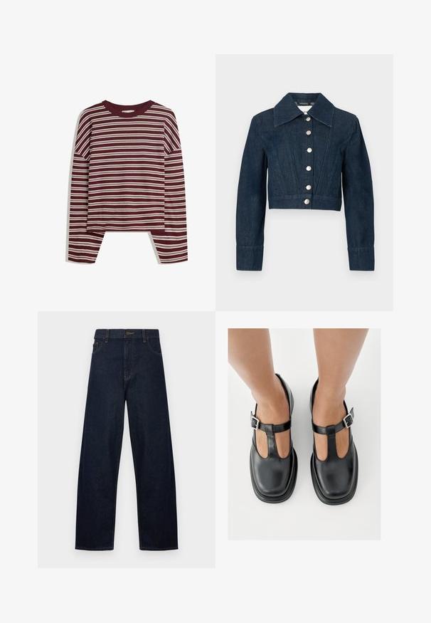 Mørkeblå cropped denimjakke med lange ærmer, bred krave og lodrette syninger foran, lukket med seks hvide knapper.; Bordeaux langærmet top med hvide vandrette striber. Har en rund halsudskæring og sidesplitter i kanten for en afslappet pasform.; Mørkeblå jeans med høj talje og lige ben, lukkes med knapper, forlommer og synlige gule sømme på en hvid baggrund.; Sorte lædersko med T-rem-design, lukket tå og sølvfarvede spændeaccenter. Glat tekstur med rundet tå og flad sål.