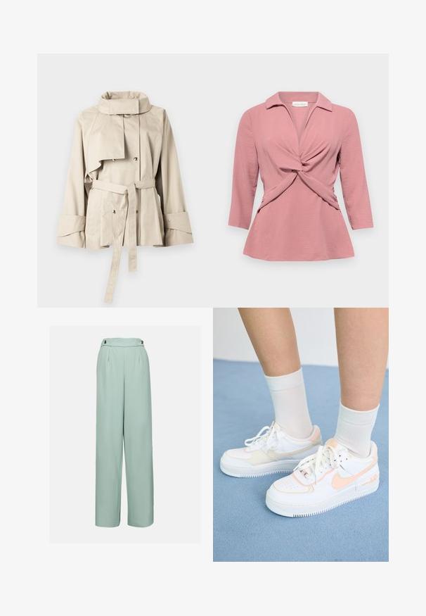 Beige lyhyt trenssitakki, jossa korkea kaulus, kaksiriviset painonapit, pitkät hihat, leveät kalvosimet, etutaskut ja sidottava vyötärönauha.; Vaaleanpunainen pusero, jossa on kauluskainalo, kierretty etuosa ja kolme neljännestä hihoista. Valmistettu teksturoidusta, kevyestä kankaasta.; Vaaleanvihreät leveät housut, jotka on valmistettu sileästä kankaasta, ja joissa on korkea vyötärö, taitteet ja koristeelliset napit vyötärönauhassa.; Valkoiset tennarit persikanvärisillä yksityiskohdilla, sileä nahkapinnoitus, reikärintama, teksturoitu pohja ja kengännauhat. Käytetään valkoisten puserosukkien kanssa sinisellä pinnalla.