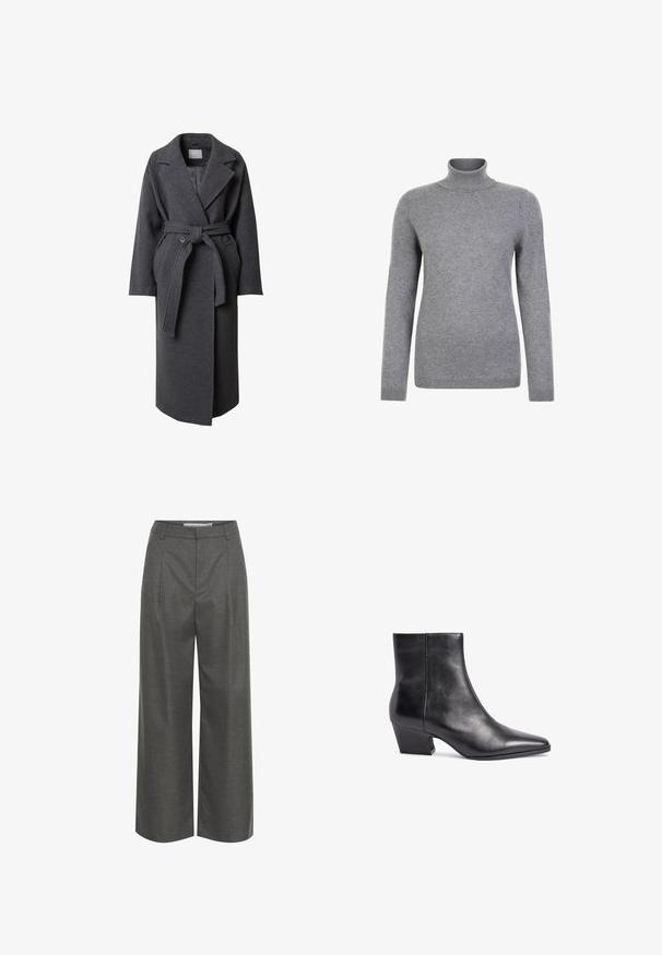 LeGer by Lena Gercke DENA - Klassischer Mantel - graumeliert; Grauer Rollkragenpullover aus einem weichen Stoff, mit langen Ärmeln und einer figurbetonten Silhouette. Glatte Textur ohne Muster oder Akzente.; Graue weite Hosen aus strukturiertem Stoff, mit hoher Taille und vorderen Falten, ohne sichtbare Taschen oder metallische Details.; Schwarze Lederankelstiefel mit spitzer Zehe, mittlerem Blockabsatz und glatter Textur. Bietet ein minimalistisches Design ohne sichtbare Beschläge.