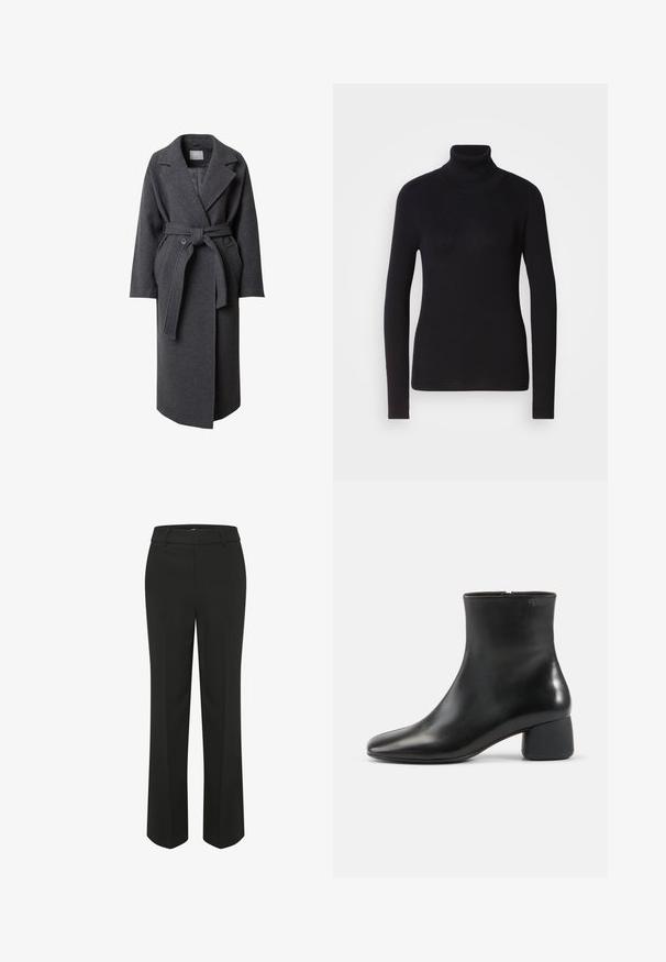 LeGer by Lena Gercke DENA - Klassisk frakke - graumeliert; Sort ribbet rullekravesweater med lange ærmer. Fremstillet af strikmateriale med en tætsiddende design. Glat tekstur og høj halsdetalje.; Sorte, vide benbukser med en glat overflade. Har en tætsiddende livlinje og rene, skræddersyede linjer for et minimalistisk design.; Sort læderankelstøvle med afrundet firkantet tå, sidelås og chunky lav hæl på ensfarvet lys baggrund.