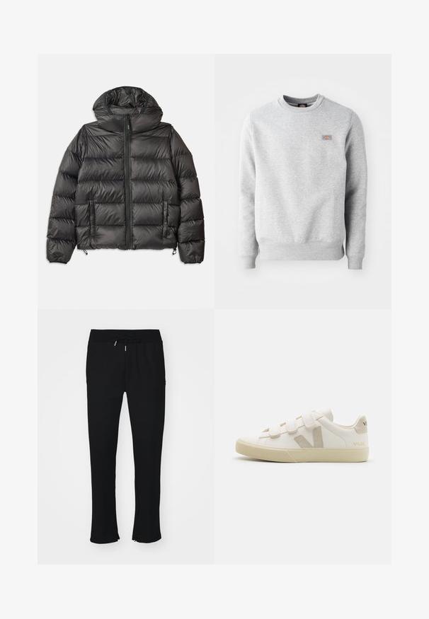 Schwarze Pufferjacke mit Kapuze, mit einem Reißverschluss vorne, zwei seitlichen Taschen und gestepptem Muster. Hergestellt aus leichtem, isoliertem Material.; Grauer Pullover mit Rundhalsausschnitt, gerippten Bündchen und Saum, aus weichem Baumwollmaterial. Besitzt ein kleines Logo auf der linken Brust.; Schwarze Jogginghose aus weichem Stoff, mit elastischem Taillenbund und Kordelzug, Schlitz am Saum und subtiler Mustergestaltung.; Weiße Leder-Sneaker mit Klettverschlüssen, beigen Akzenten, runder Zehenform, strukturiertem Gummisohle und eingeprägtem Logo. Minimalistisches Design.
