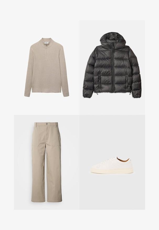 Schwarze Pufferjacke mit Kapuze, mit einem Reißverschluss vorne, zwei seitlichen Taschen und gestepptem Muster. Hergestellt aus leichtem, isoliertem Material.; Beige gerippter Pullover mit hohem Kragen und halbem Reißverschluss. Lange Ärmel und ein figurbetonter Saum ergänzen das strukturierte Aussehen.; Beige Hosen mit weitem Bein aus Baumwolle; mit vorderen aufgesetzten Taschen, einem Knopfverschluss und sichtbaren Nähten entlang der Säume.; Weißer Sneaker mit niedrigem Schaft und Schnürdesign, minimalen Nähten und einer cremefarbenen Sohle auf hellgrauem Hintergrund.