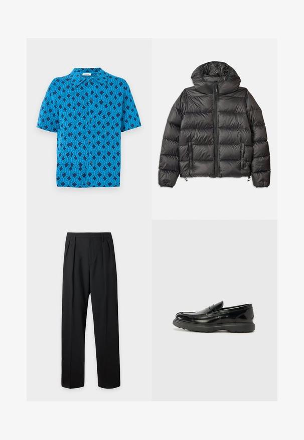Schwarze Pufferjacke mit Kapuze, mit einem Reißverschluss vorne, zwei seitlichen Taschen und gestepptem Muster. Hergestellt aus leichtem, isoliertem Material.; Kurzarmhemd aus blauer Stoff mit einem geometrischen Muster aus ineinander verschlungenen Linien, mit einem Kragen und einer Druckknopfleiste auf der Vorderseite.; Schwarze formelle Hose mit Bundfalten, Gürtelschlaufen und Knopfverschluss in der Taille, vor einem einfarbigen hellen Hintergrund dargestellt.; Schwarze Lederloafer mit glanzendem Finish, abgerundetem Zehenbereich, subtilen Steppnähten und einer dicken Gummisohle für Langlebigkeit.