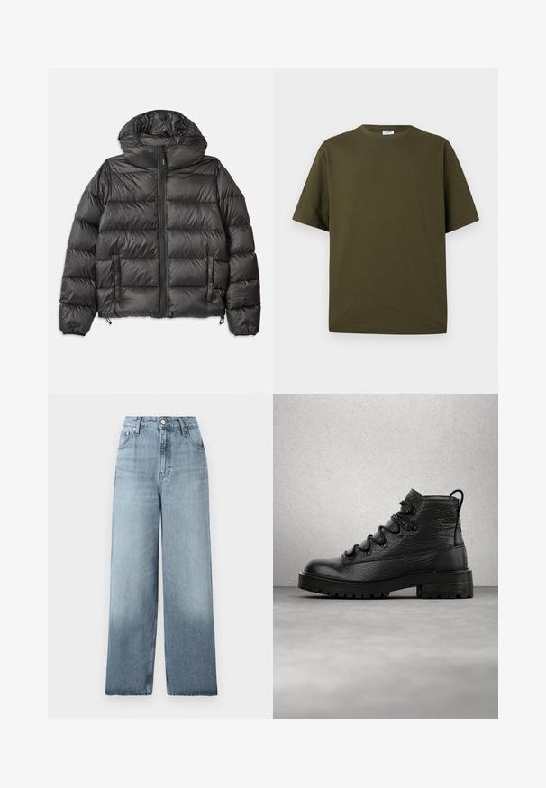Veste en duvet noire avec capuche, dotée d'une fermeture éclair à l'avant, de deux poches latérales et d'une texture matelassée. Fabriquée en matériau léger et isolant.; T-shirt à manches courtes couleur vert olive, col rond, en tissu uni avec un ourlet droit et une petite étiquette de marque à l'intérieur du col.; Jean bleu clair taille haute, jambes larges, avec fermeture à boutons et fermeture éclair, poches avant et passants pour ceinture sur un fond uni.; Bottines en cuir noir avec tige texturée, six œillets et semelle robuste. Comprend un passant au talon pour un enfilage facile.
