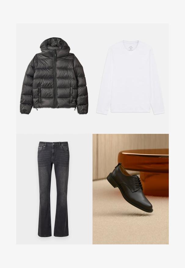 Schwarze Pufferjacke mit Kapuze, mit einem Reißverschluss vorne, zwei seitlichen Taschen und gestepptem Muster. Hergestellt aus leichtem, isoliertem Material.; Weiße Langarmshirts mit Rundhalsausschnitt und Armani Exchange-Logo im Nacken, Größe M.; Schwarze Jeans aus Denim mit ausgestelltem Design, fünf Taschen und einem Metallknopfverschluss. Der Stoff hat eine glatte Textur mit dezentem Verblassen.; Schwarzer Herrenschuh aus Leder mit Schnürung, schwebt über einem beigen Teppich, im Hintergrund ein brauner runder Kaffeetisch.