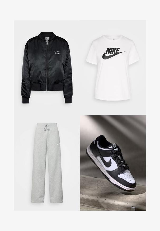 Sort bomberjakke lavet af glat, skinnende stof med lynlås fortil, ribstrikkede manchetter og præget "AIR" logo på brystet.; Hvid bomulds t-shirt med rund hals, korte ærmer, og et stort sort Nike-logo trykt på tværs af brystet. Glat tekstur og afslappet design.; Grå sweatpants med elastisk talje, snor detaljer og et lille hvidt Nike-logo på venstre lår. Blødt stof, løs pasform.; Sorthvid Nike Dunk Low sneakers med læderoverdel, perforeret tåboks og sorte snørebånd, udstyret med en hvid sål og logo accenter.