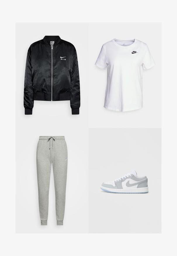 Sort bomberjakke lavet af glat, skinnende stof med lynlås fortil, ribstrikkede manchetter og præget "AIR" logo på brystet.; Hvid bomulds t-shirt med rund halsudskæring og korte ærmer. Har et sort Nike-logo i det øverste venstre brystområde.; Grå sweatpants lavet af blødt stof, med elastisk talje og snørebånd, ribbede manchetter og et lille logo på venstre lår.; Nike-sneakers med en blanding af gråt og hvidt læder, perforeret tå, snørebånd og en lys blå ydersål med logodetaljer.