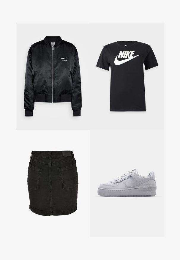 Sort bomberjakke lavet af glat, skinnende stof med lynlås fortil, ribstrikkede manchetter og præget "AIR" logo på brystet.; Sort T-shirt med korte ærmer med stort hvidt Nike-logo og swoosh over brystet på en ensfarvet baggrund.; Sort denim mini nederdel med to baglommer, bæltestropper og syningsdetaljer.; Grå Nike Air Force 1 sneakers med perforeret tå, glat læderoverdel, tyk sål og præget 'AIR' detalje på hælen.